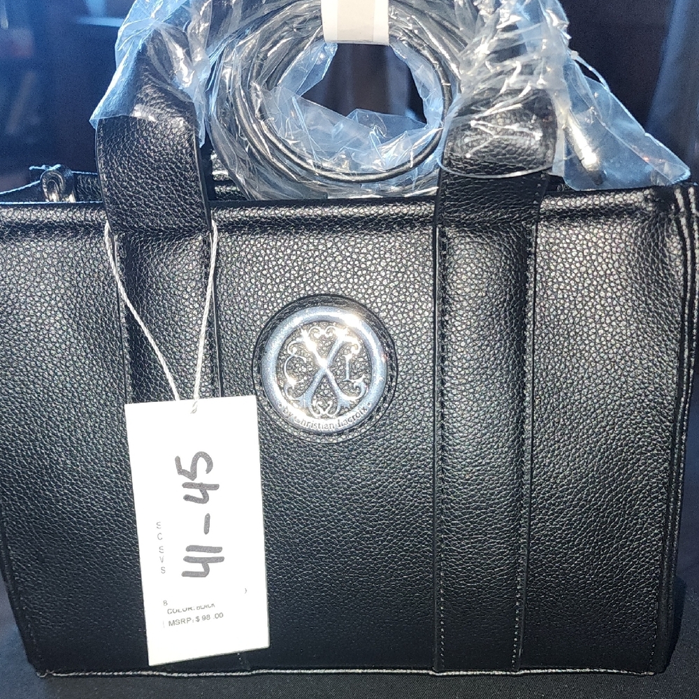 Black Leather Tote Bag with Silver Logo